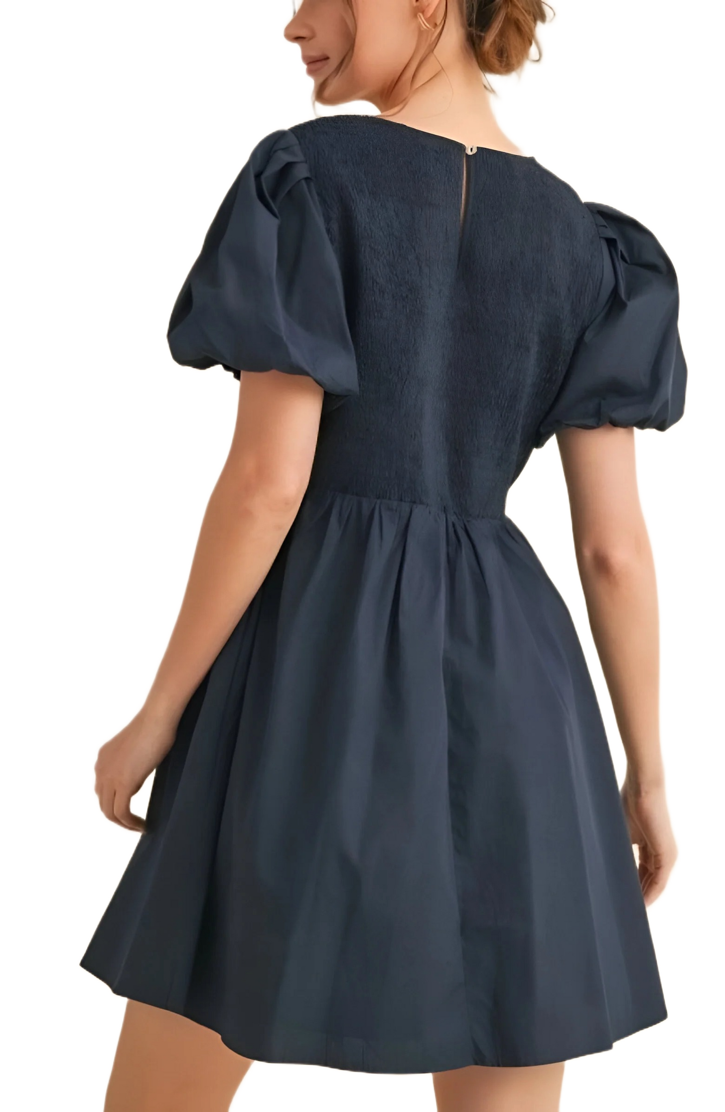 Navy Puff Sleeve Mini Dress with Bow Detail