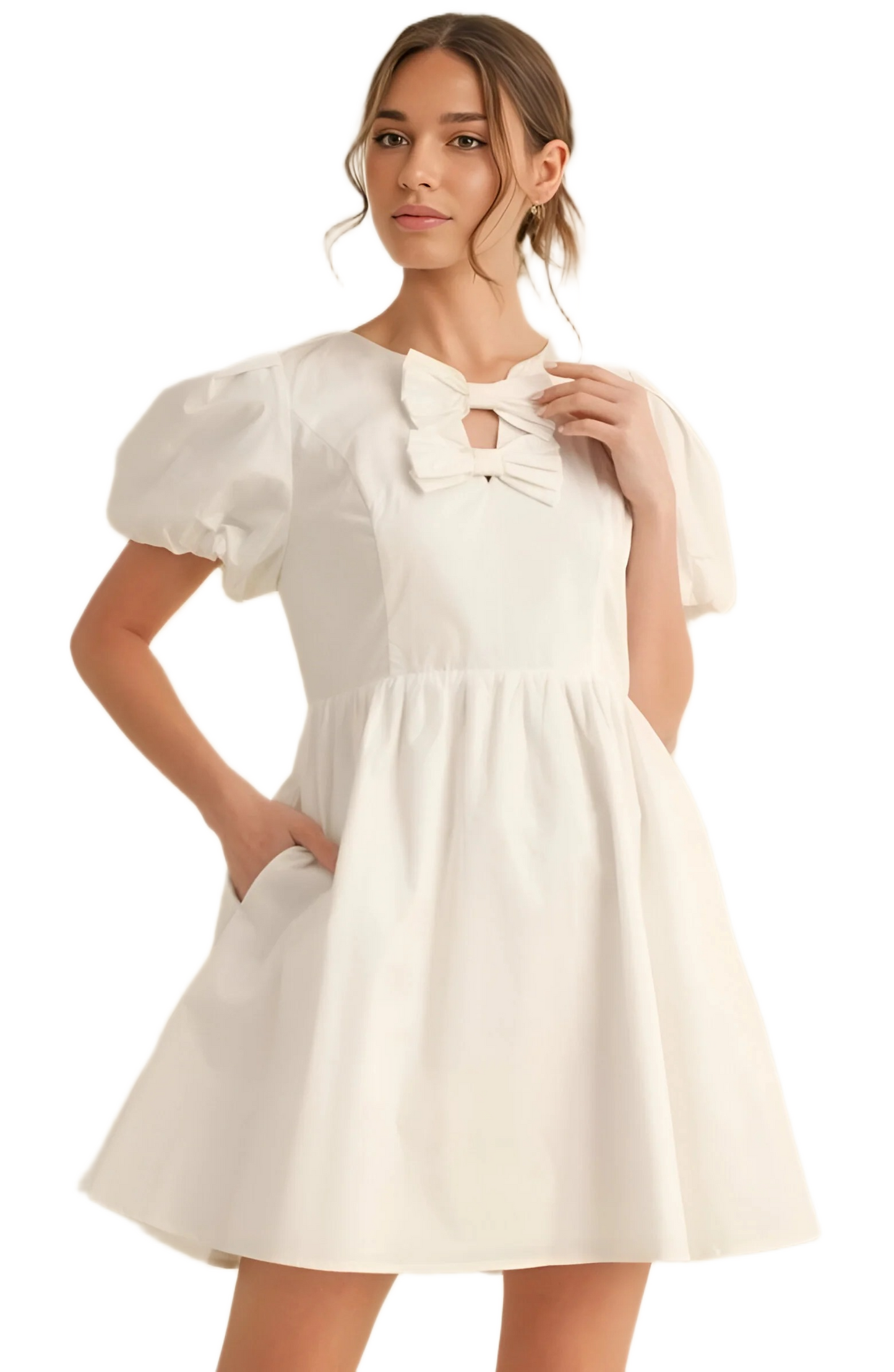 White Puff Sleeve Mini Dress with Bow Neckline