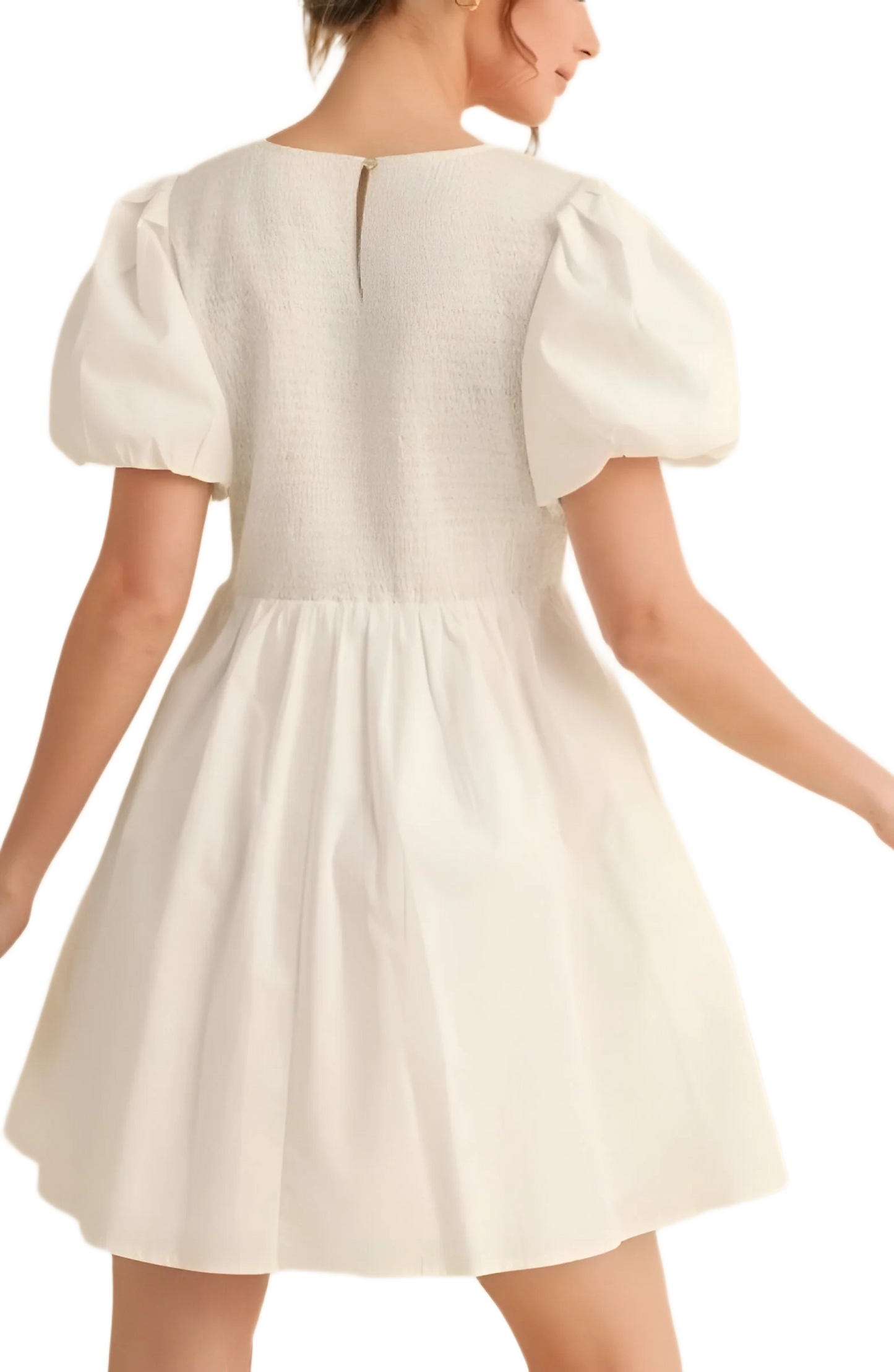 White Puff Sleeve Mini Dress with Bow Neckline