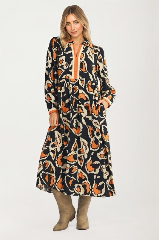Bold Abstract Print Maxi Dress with Contrast Trim