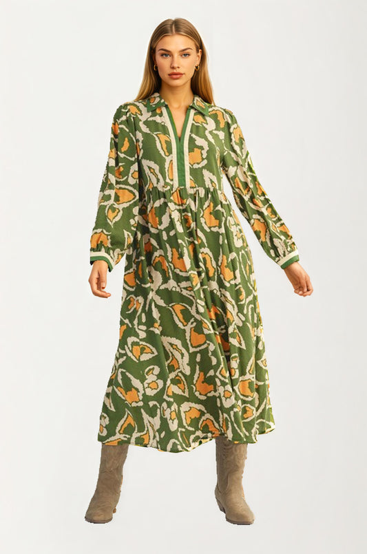 Bold Abstract Print Maxi Dress with Contrast Trim