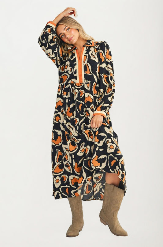 Bold Abstract Print Maxi Dress with Contrast Trim