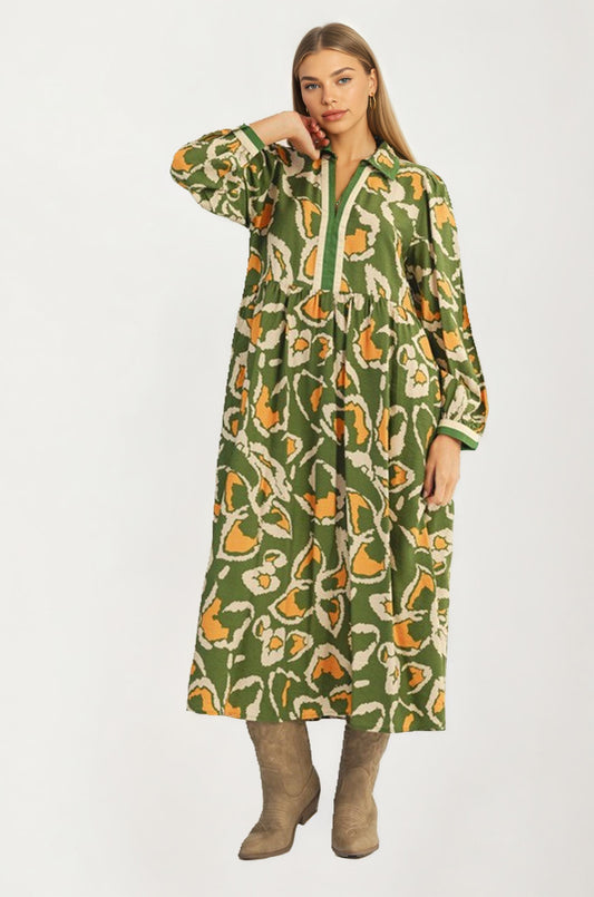 Bold Abstract Print Maxi Dress with Contrast Trim