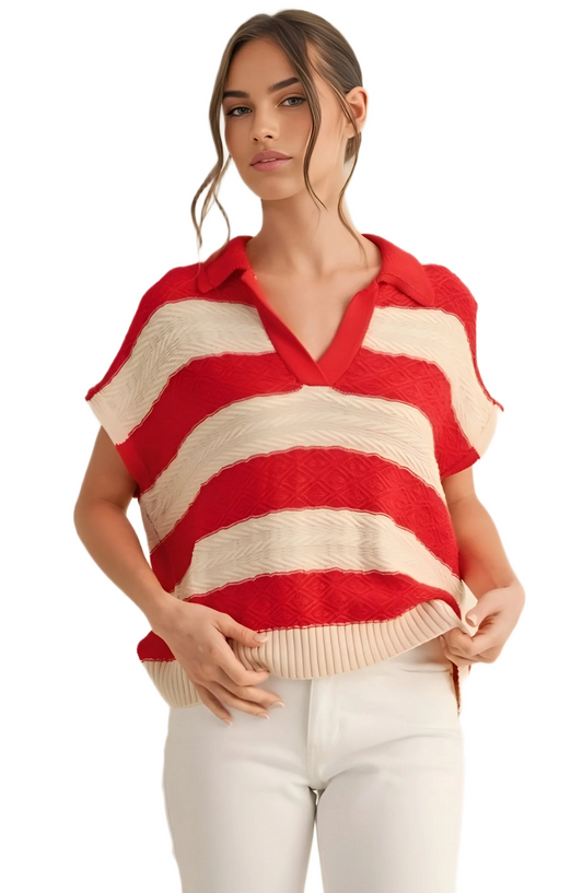 Red and Cream Striped Knit Polo Top
