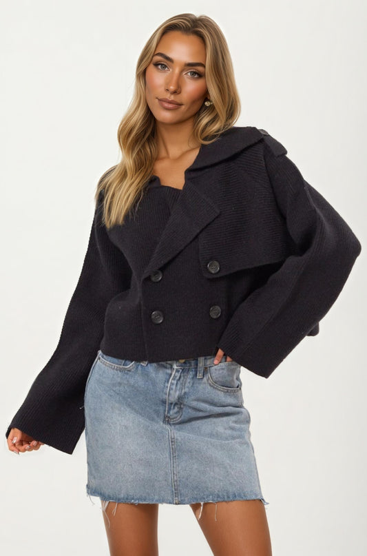 Double-Breasted Cropped Knit Jacket with Wide Lapel
