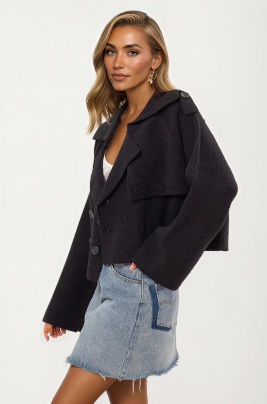 Double-Breasted Cropped Knit Jacket with Wide Lapel