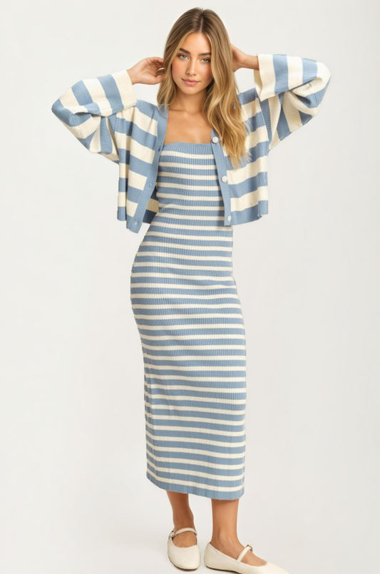 Striped Knit Midi Dress And Cropped Cardigan Set