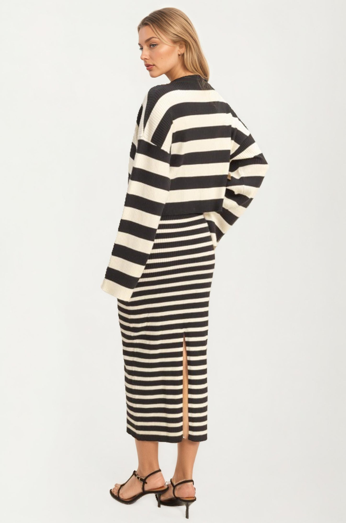 Striped Knit Midi Dress And Cropped Cardigan Set