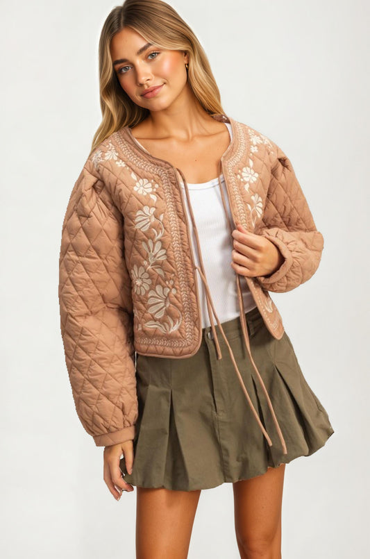 Quilted Floral Embroidered Jacket with Tie Front