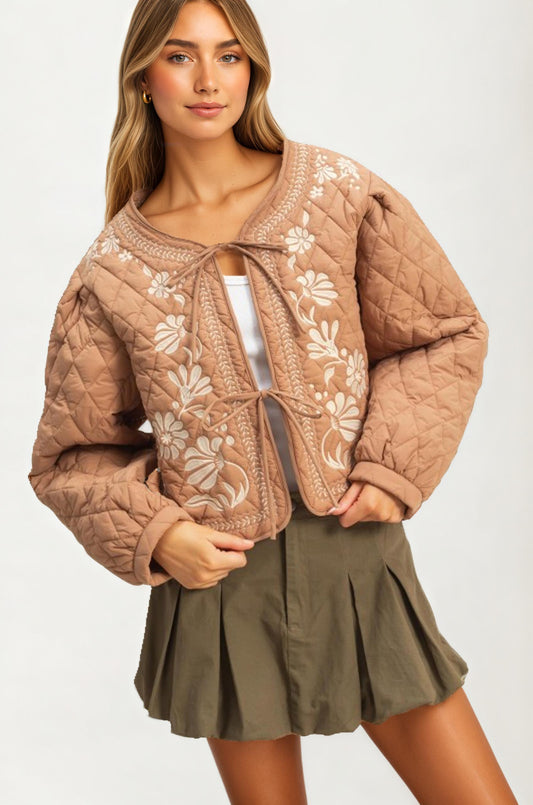 Quilted Floral Embroidered Jacket with Tie Front