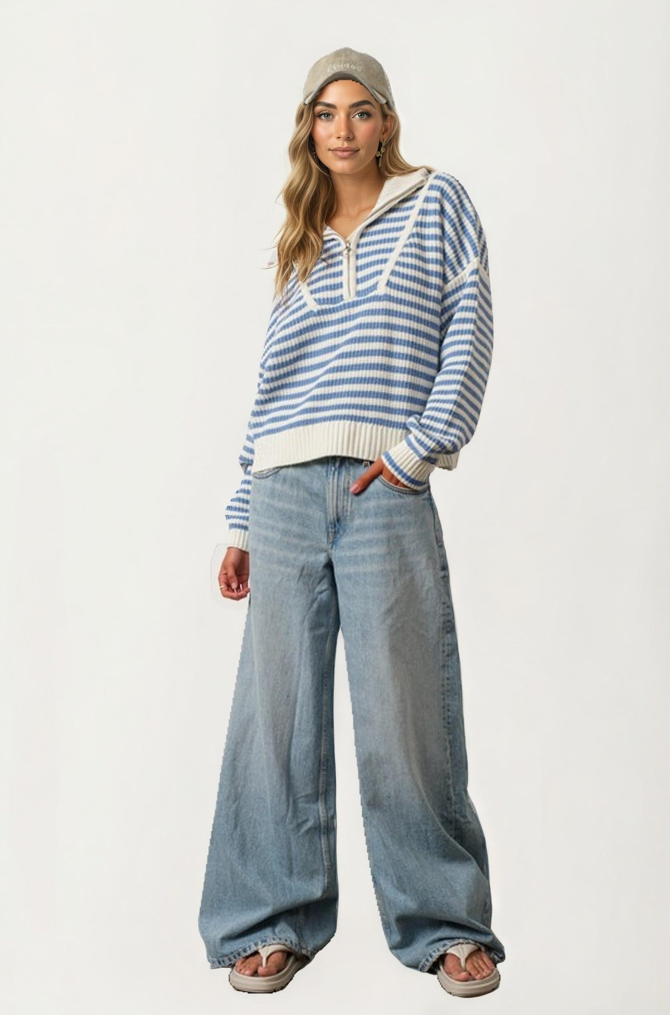 Striped Half Zip Knit Sweater With Relaxed Fit