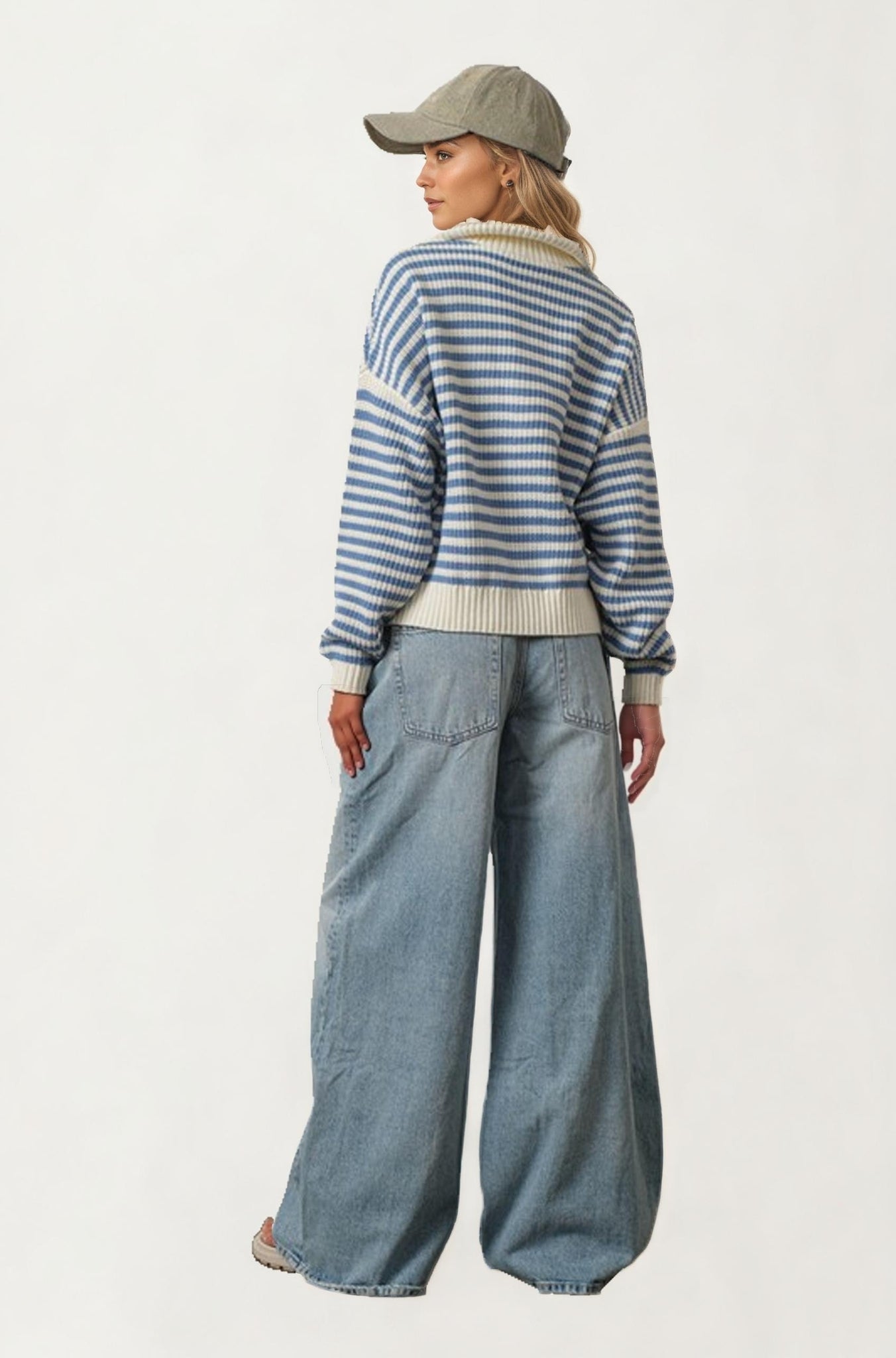 Striped Half Zip Knit Sweater With Relaxed Fit