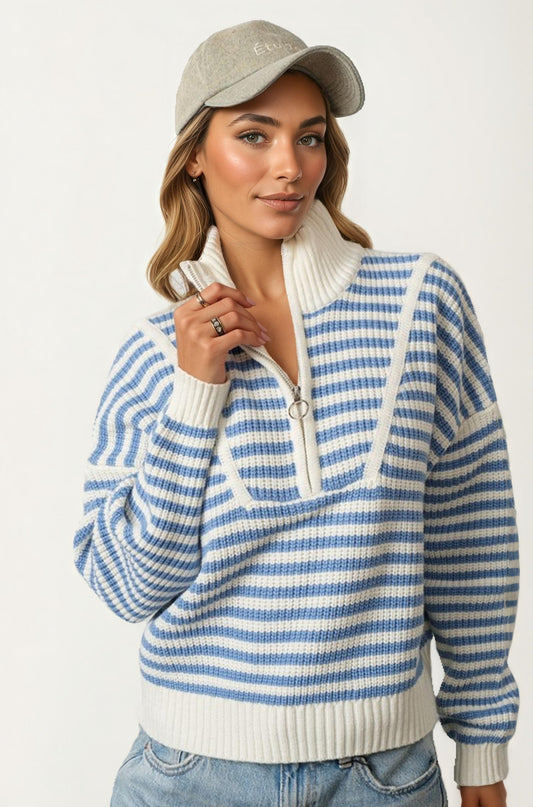 Striped Half Zip Knit Sweater With Relaxed Fit