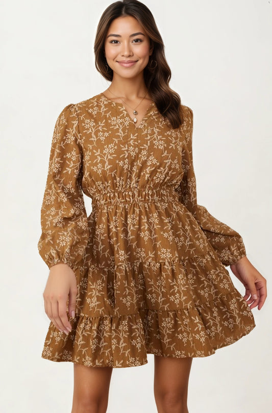 Long Sleeve Mini Dress with Smocked Waist and Tiered Skirt