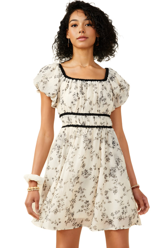 Puff Sleeve Floral Mini Dress with Black Trim Detail