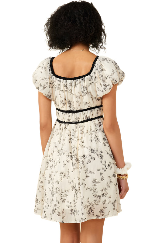 Puff Sleeve Floral Mini Dress with Black Trim Detail