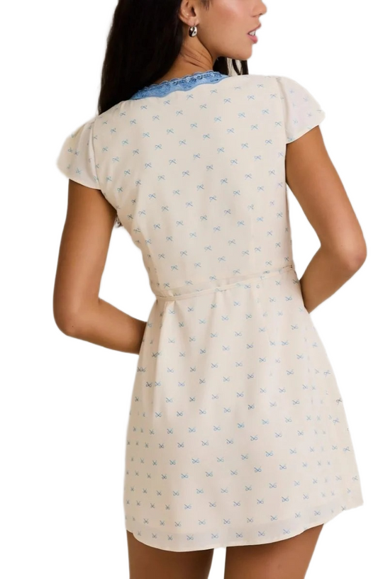Cream Wrap Mini Dress with Blue Lace Trim and Flutter Sleeves