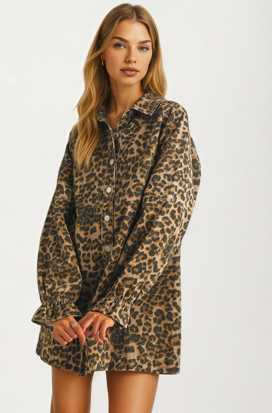 Leopard Print Button Front Long Sleeve Shirt Dress