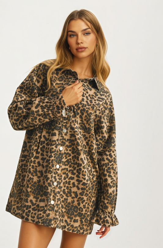 Leopard Print Button Front Long Sleeve Shirt Dress