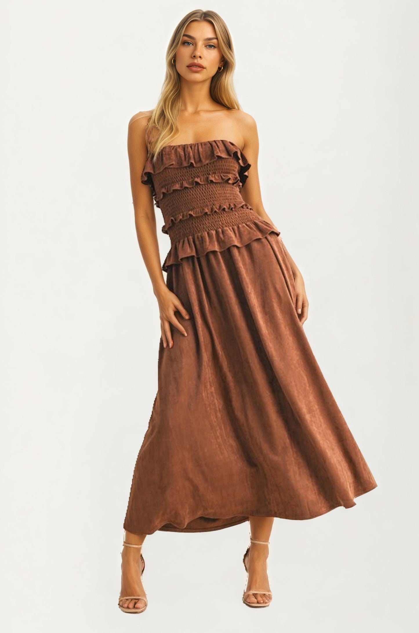 Strapless Smocked Midi Dress with Ruffle Tier Detail