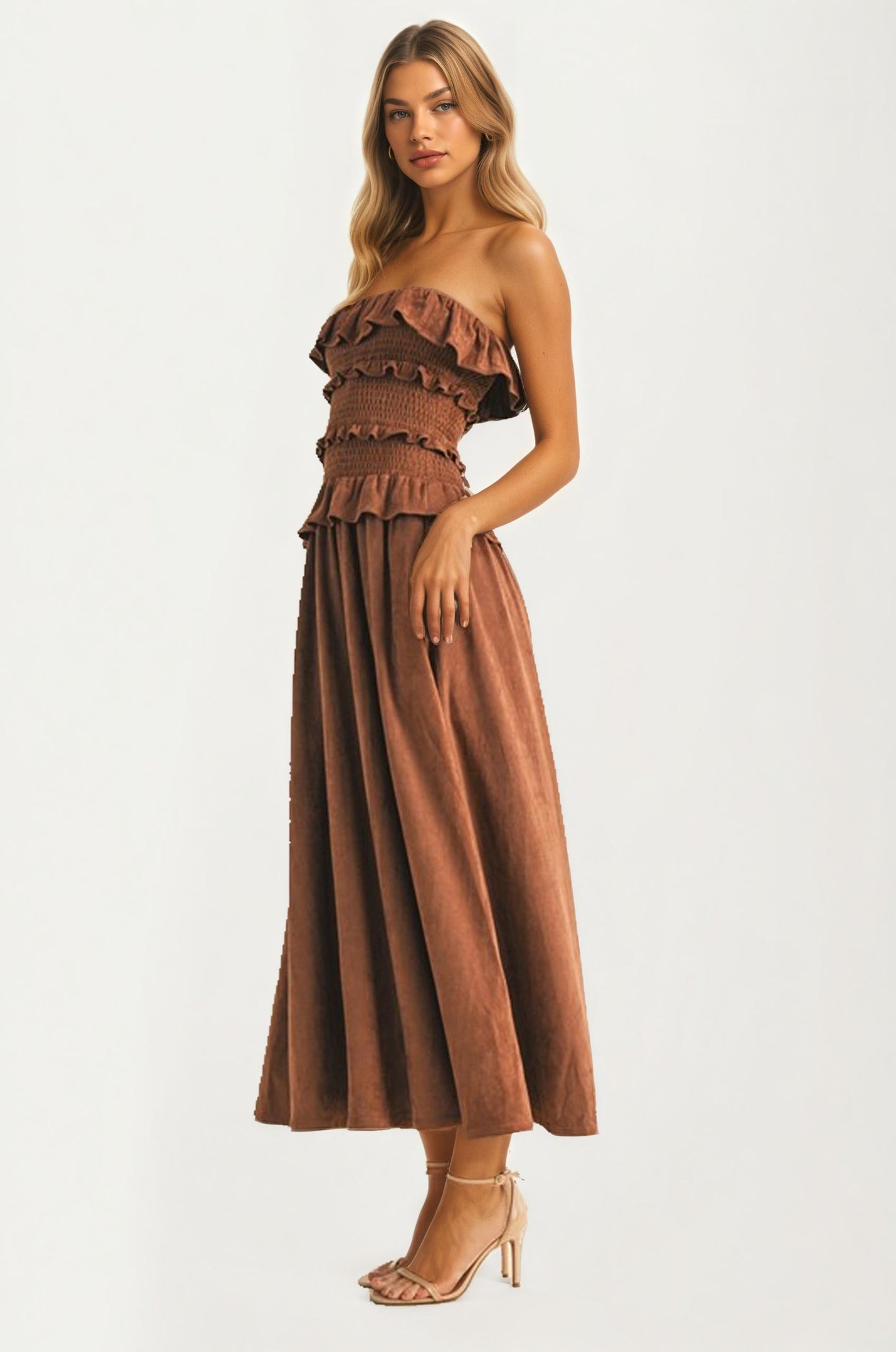 Strapless Smocked Midi Dress with Ruffle Tier Detail