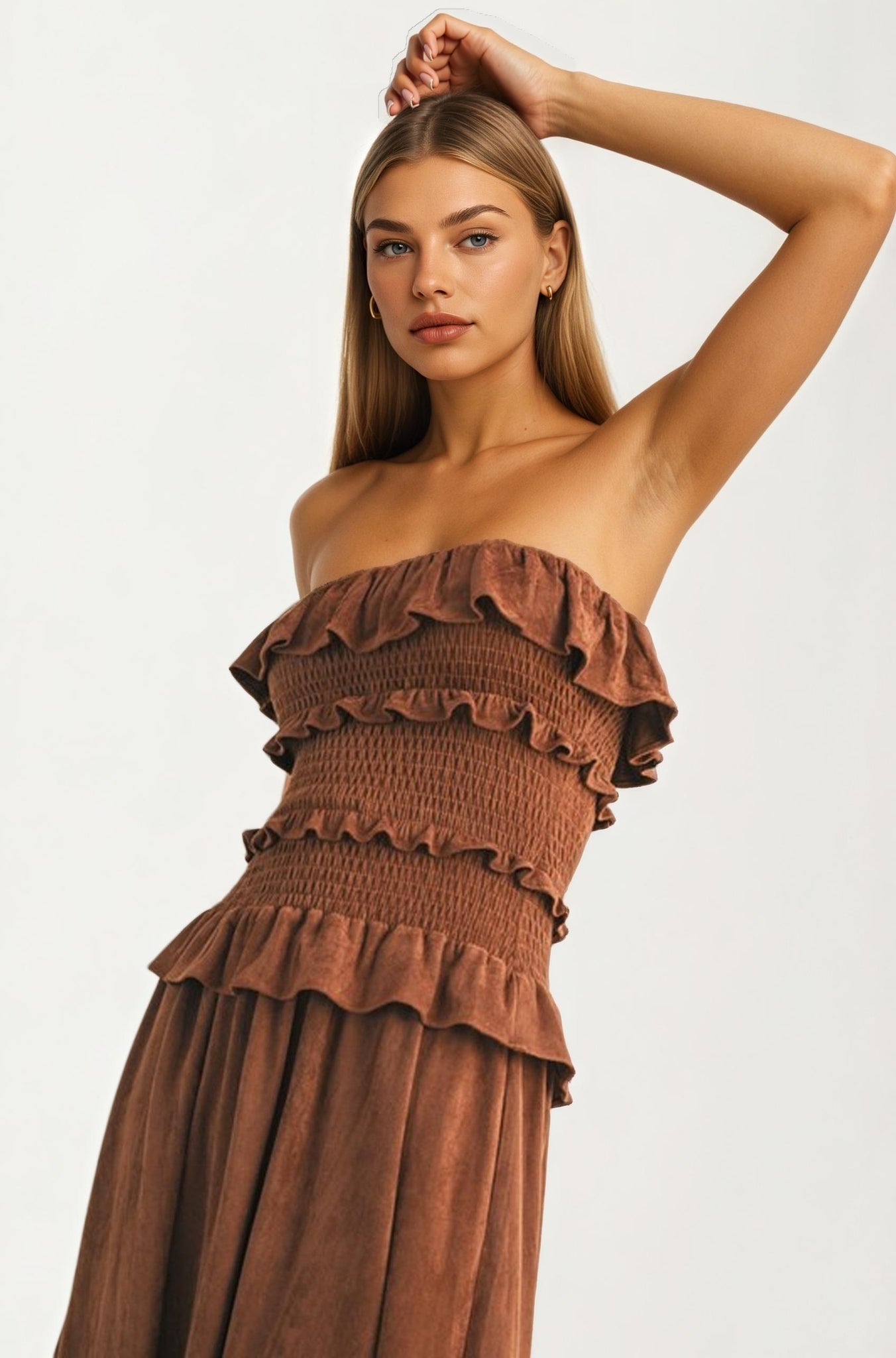 Strapless Smocked Midi Dress with Ruffle Tier Detail