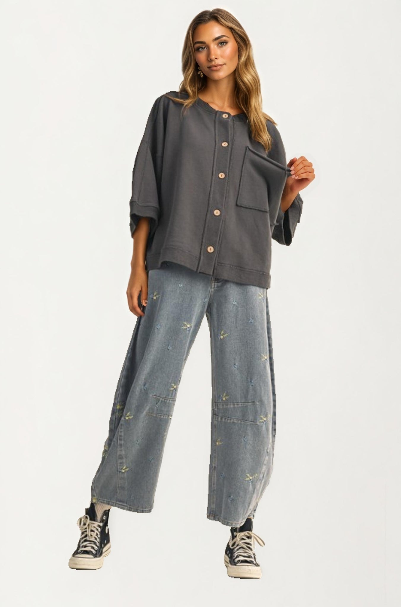 Oversized Button-Up Shirt Jacket with Relaxed Fit