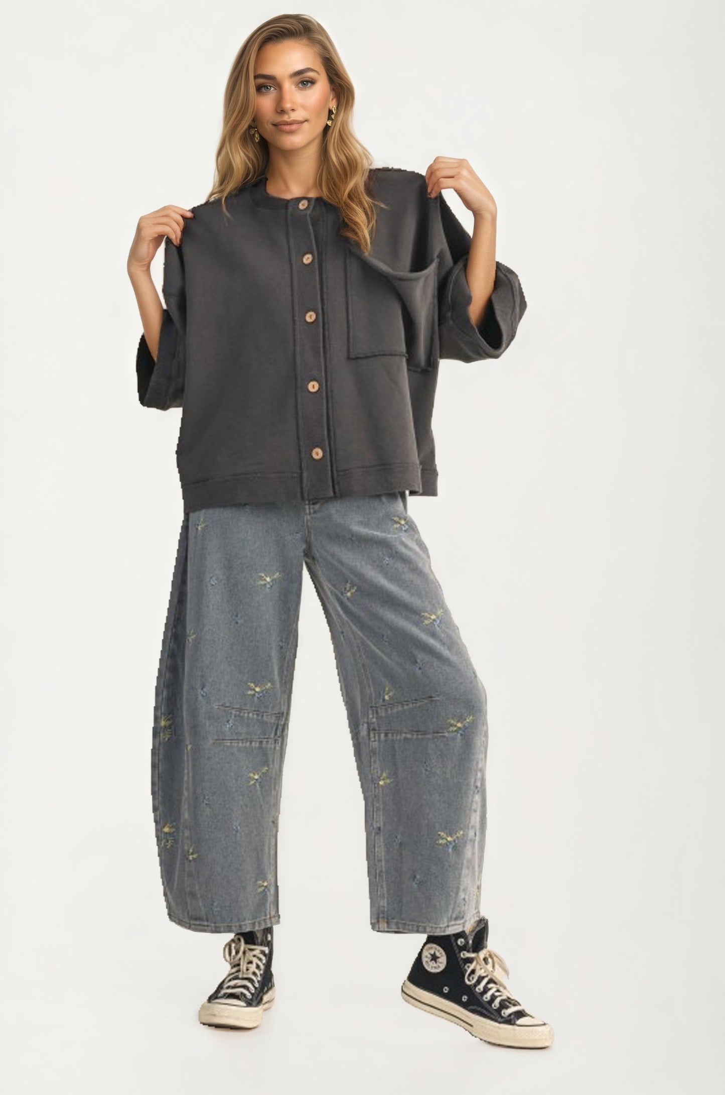Oversized Button-Up Shirt Jacket with Relaxed Fit