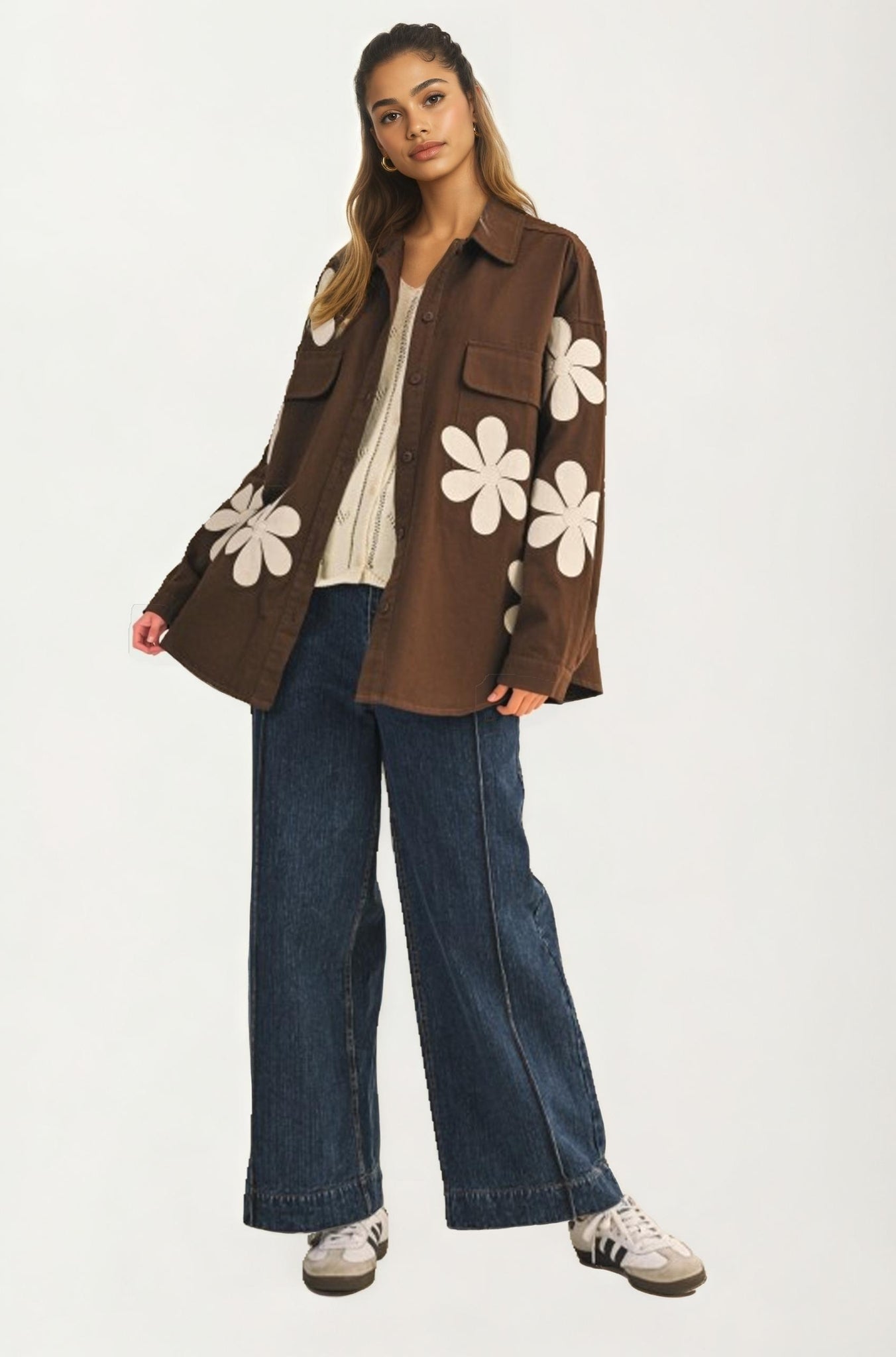 Oversized Brown Button-Up Shirt Jacket with Floral Appliqués