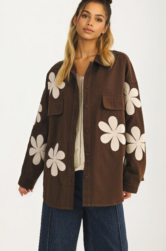 Oversized Brown Button-Up Shirt Jacket with Floral Appliqués
