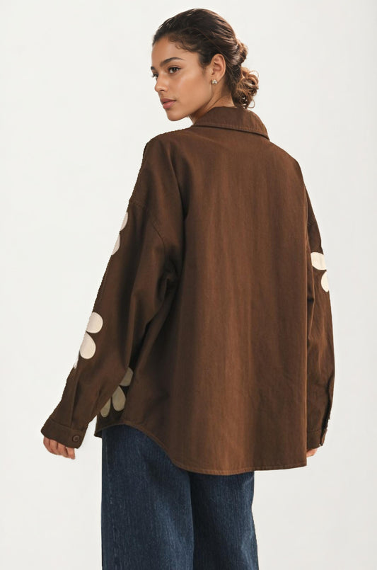 Oversized Brown Button-Up Shirt Jacket with Floral Appliqués