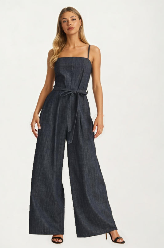 Square Neck Wide-Leg Denim Jumpsuit with Tie Waist