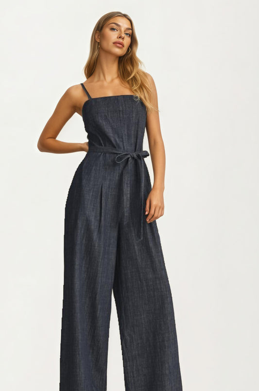 Square Neck Wide-Leg Denim Jumpsuit with Tie Waist