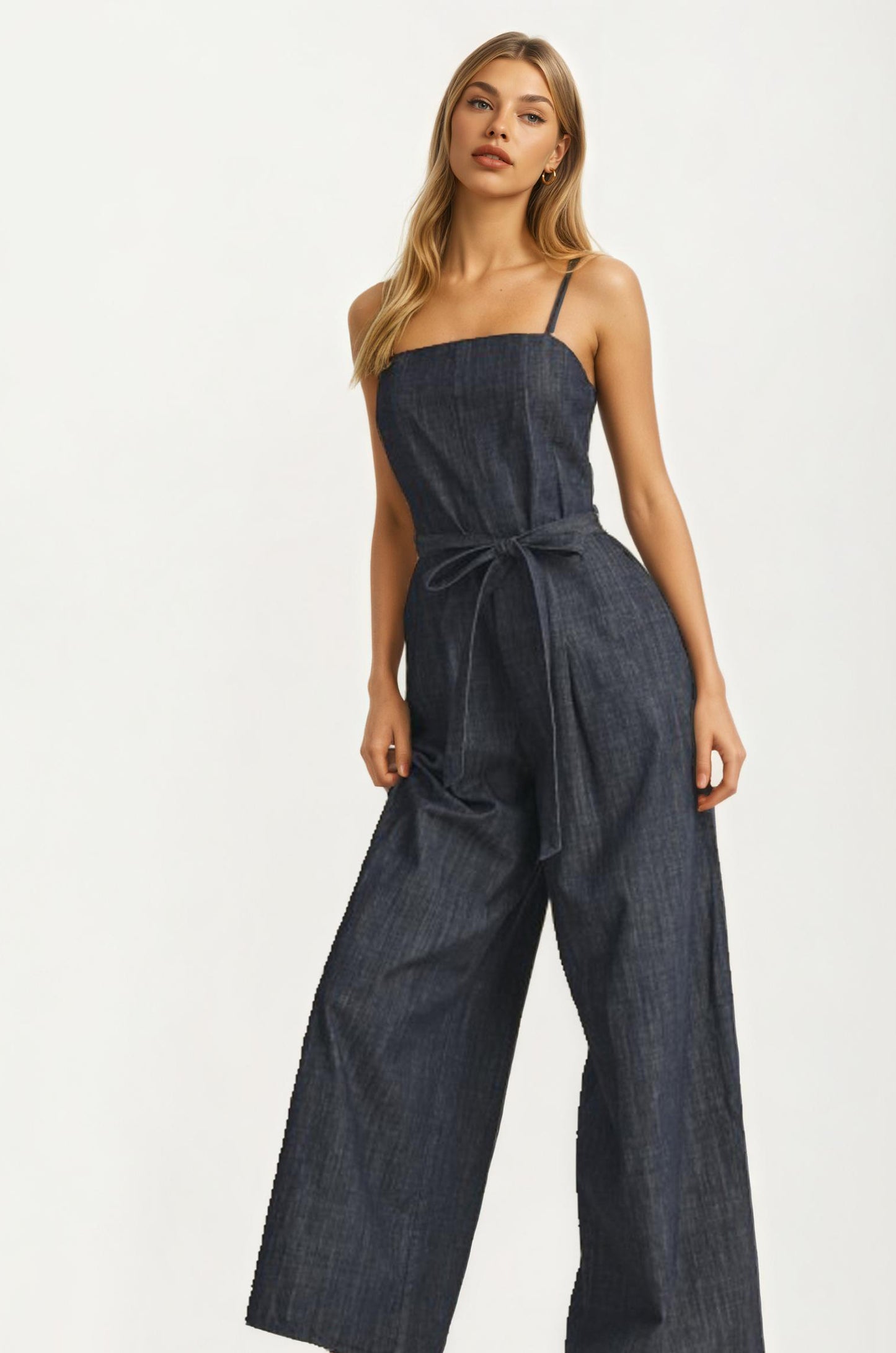 Square Neck Wide-Leg Denim Jumpsuit with Tie Waist