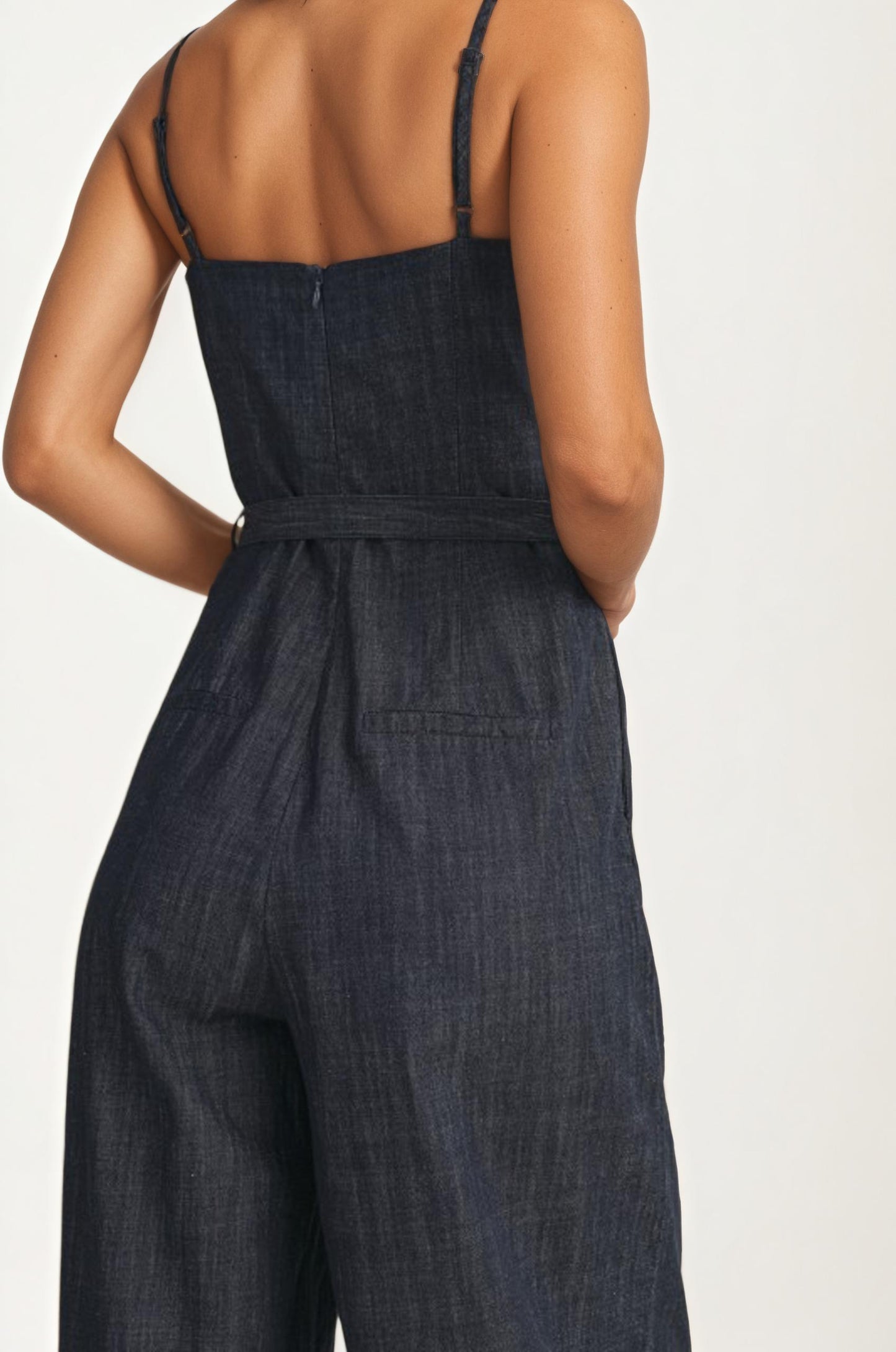 Square Neck Wide-Leg Denim Jumpsuit with Tie Waist