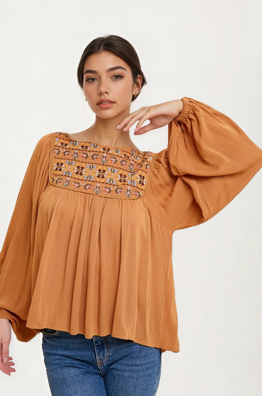 Embroidered Yoke Long Sleeve Peasant Blouse