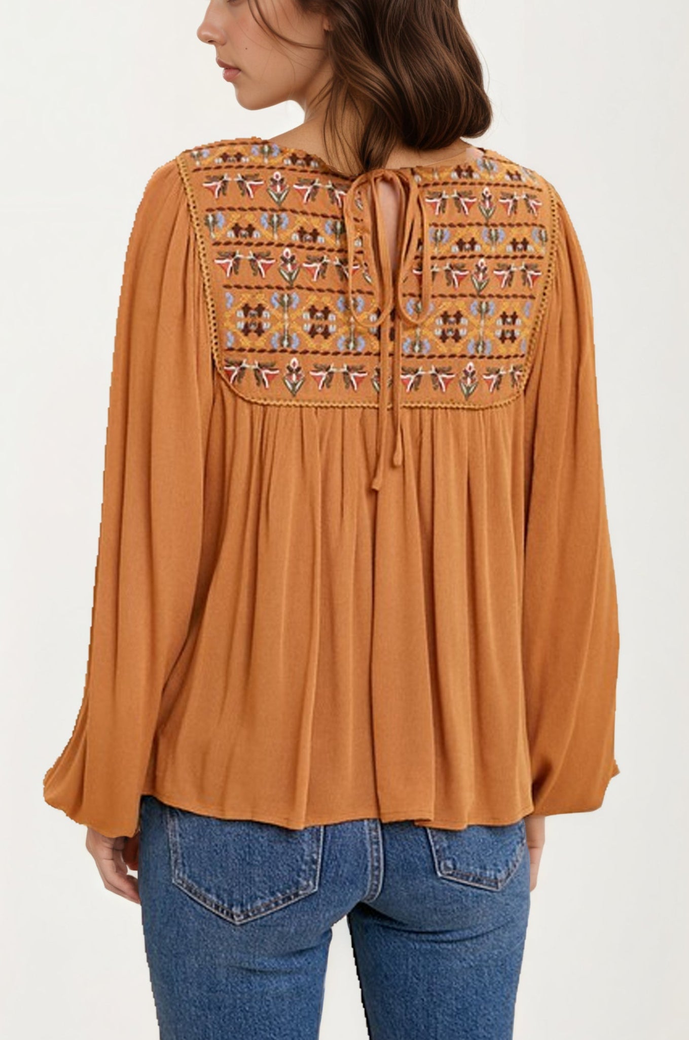 Embroidered Yoke Long Sleeve Peasant Blouse
