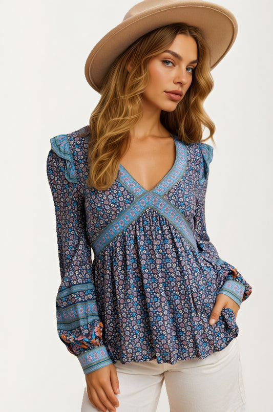 Floral Print Boho Blouse with Contrast Trim and V-Neck