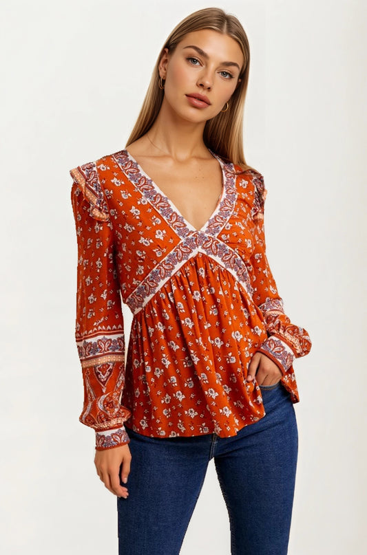 Floral Print Boho Blouse with Contrast Trim and V-Neck