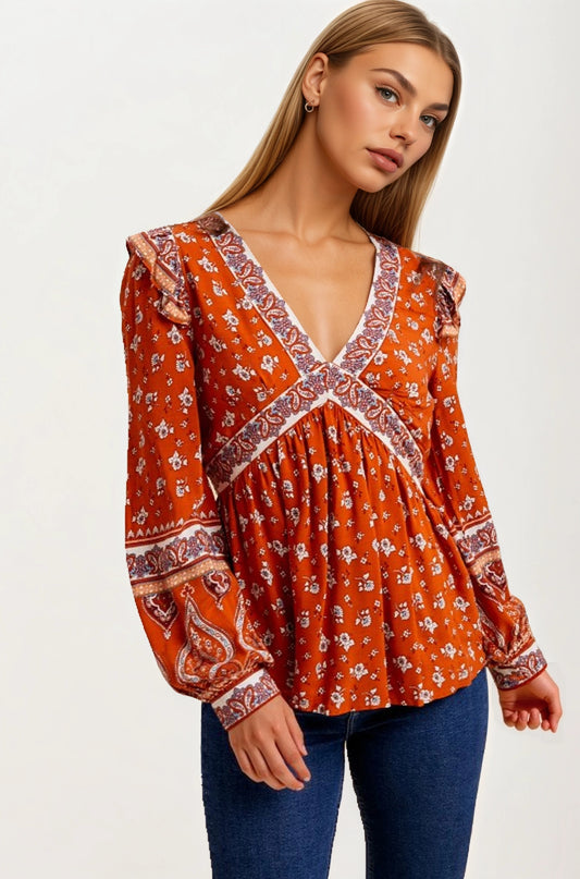 Floral Print Boho Blouse with Contrast Trim and V-Neck