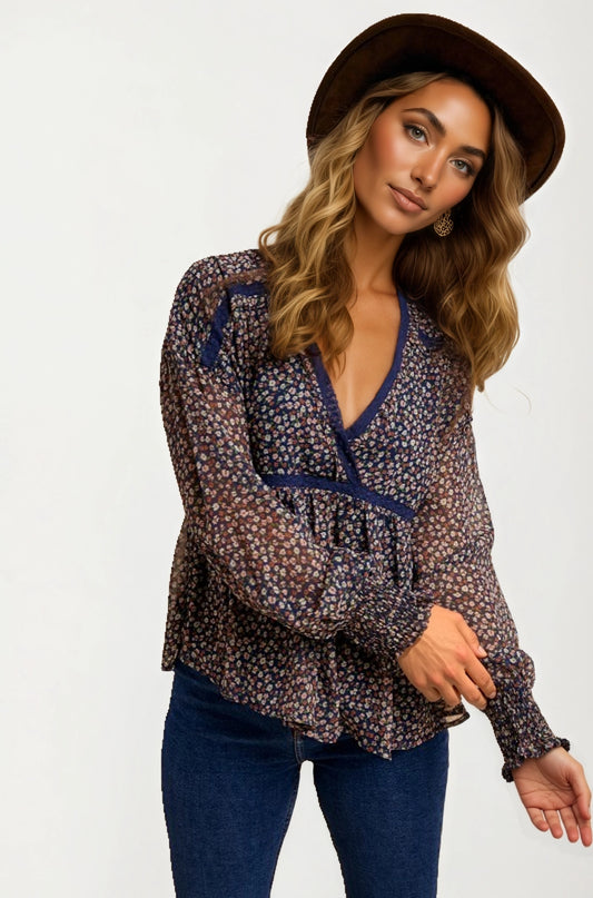 Sheer Floral Long Sleeve Blouse with Smocked Cuffs