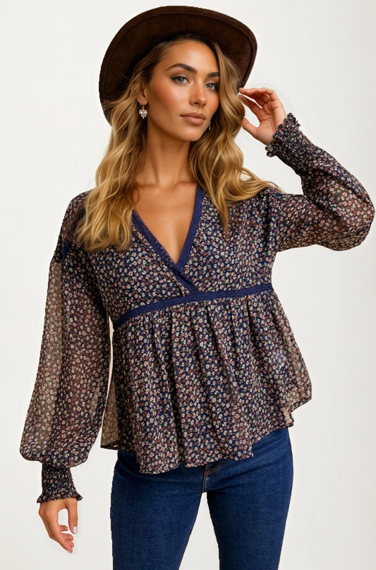 Sheer Floral Long Sleeve Blouse with Smocked Cuffs