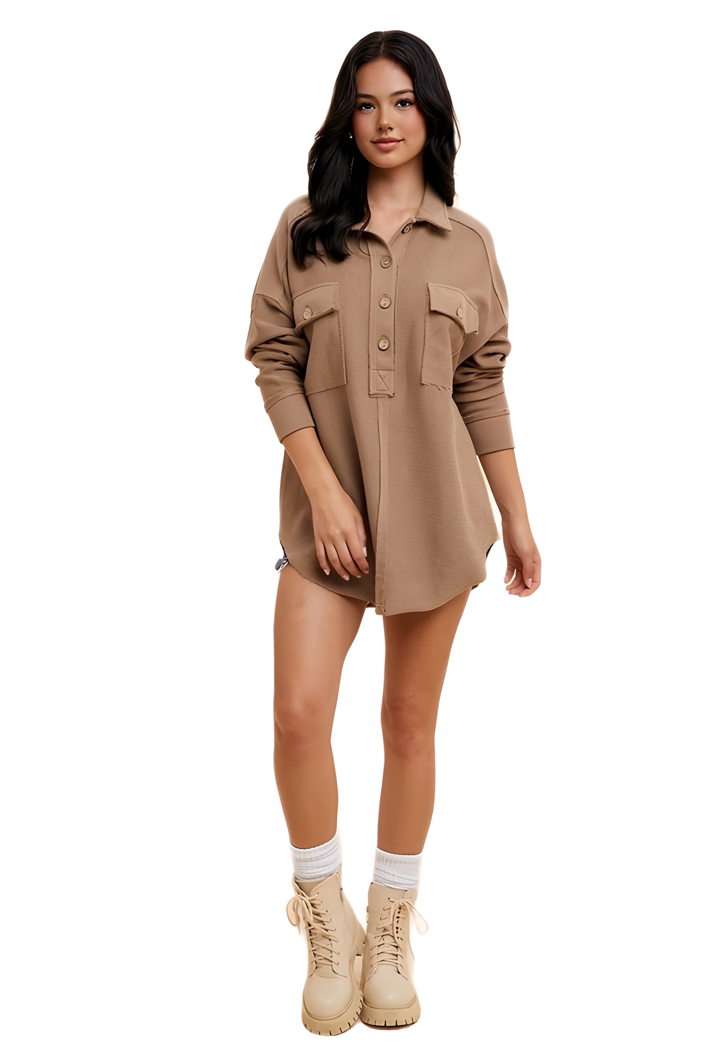 Casual Utility-Style Button-Up Tunic with Patch Pockets
