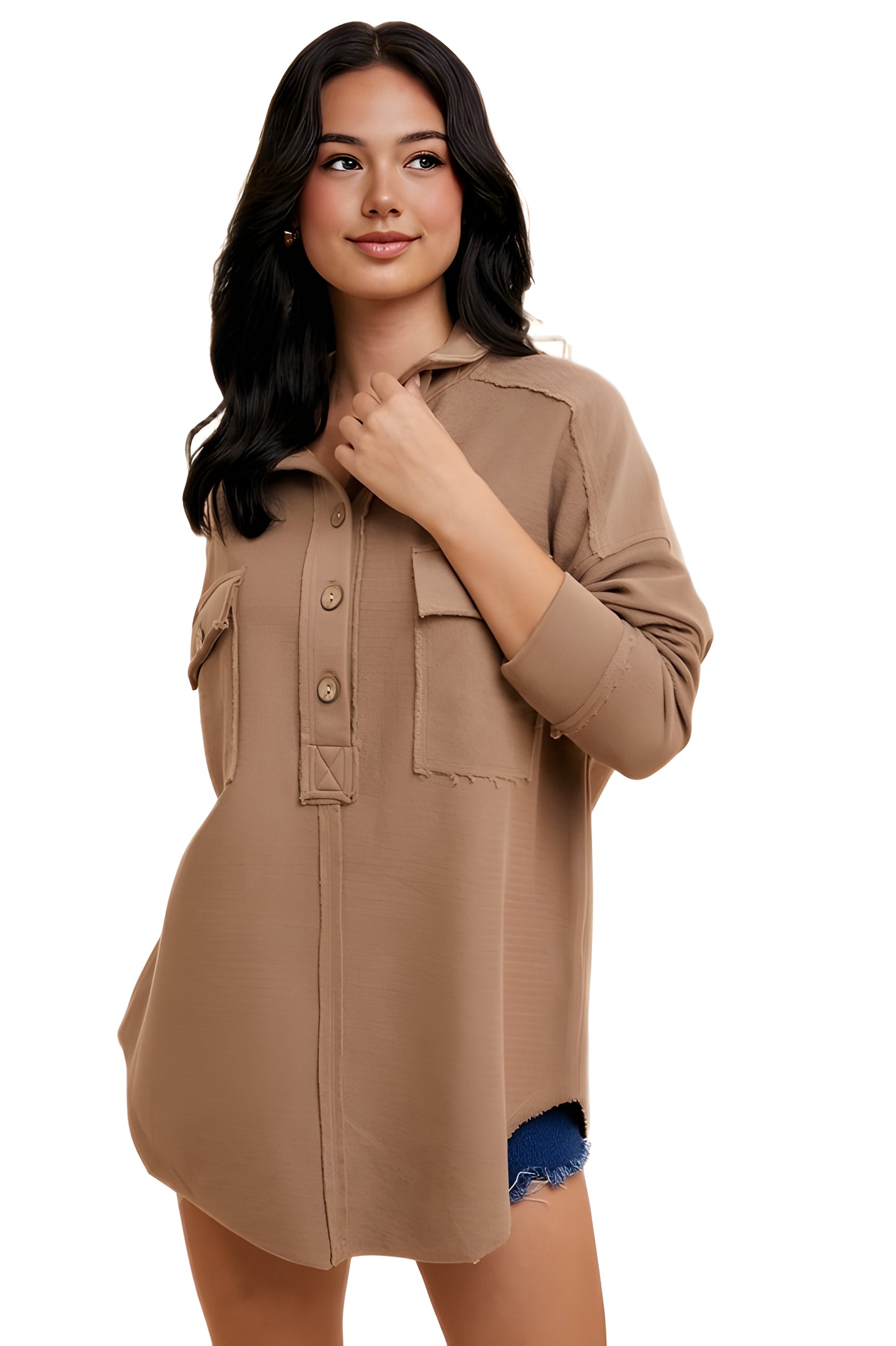Casual Utility-Style Button-Up Tunic with Patch Pockets