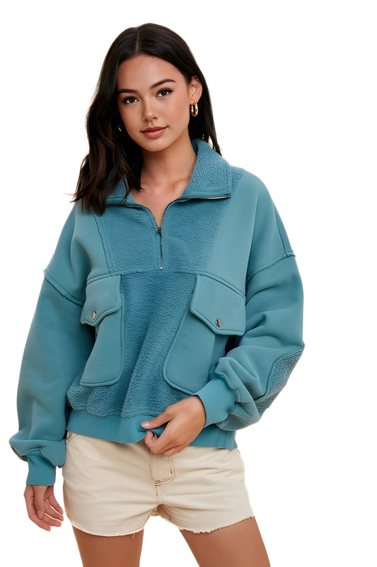 Quarter-Zip Fleece Panel Pullover with Oversized Utility Pockets
