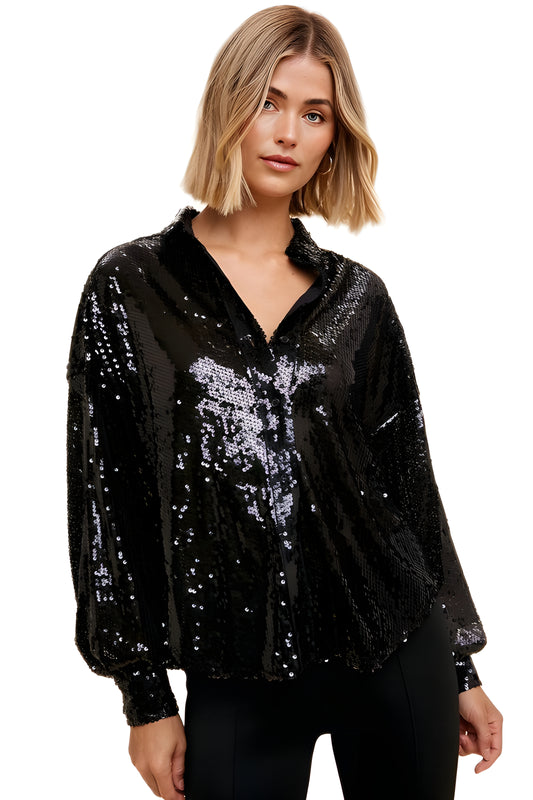 Long Sleeve Button-Down Sequin Blouse With Shirt Collar