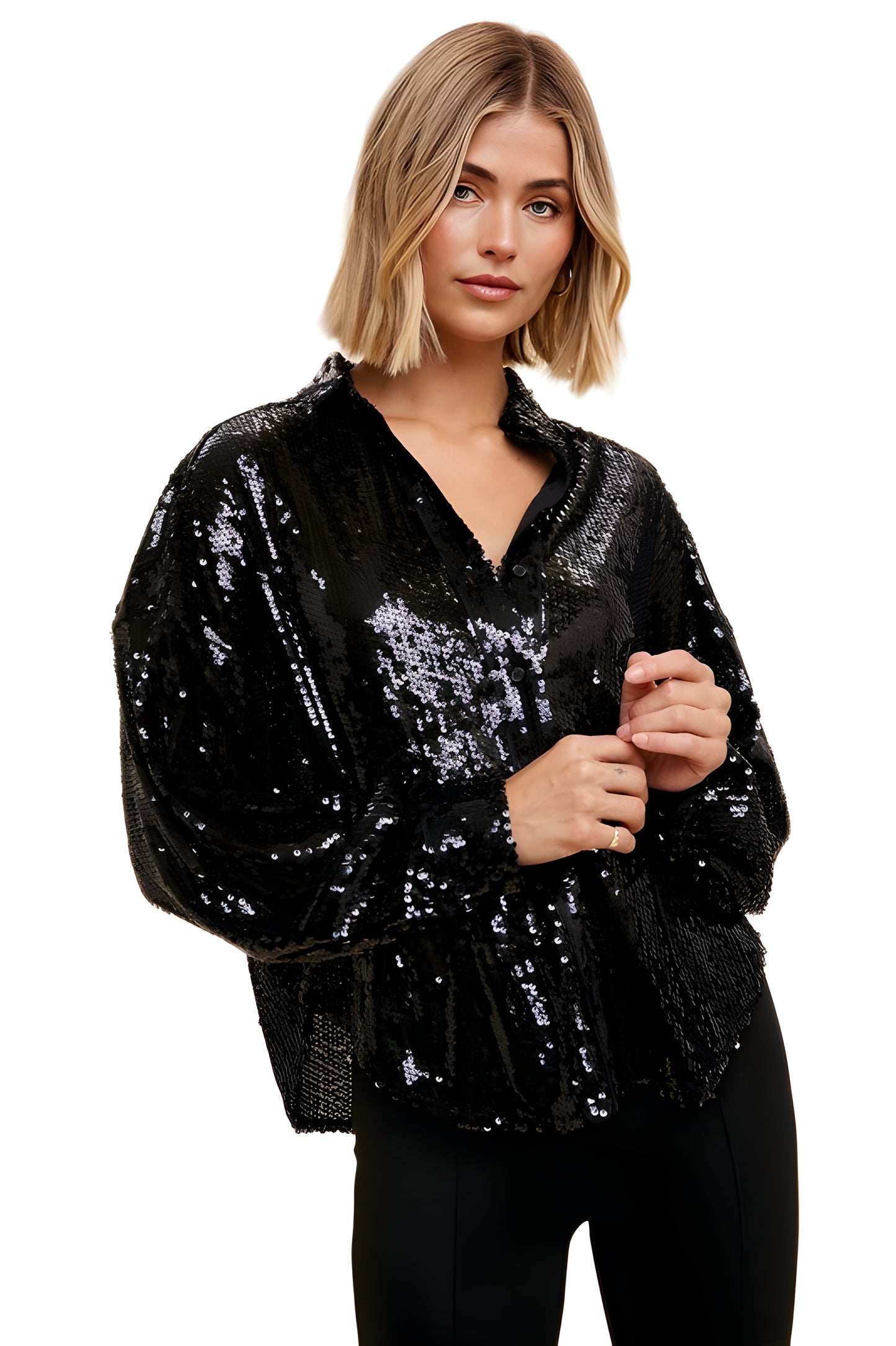 Long Sleeve Button-Down Sequin Blouse With Shirt Collar