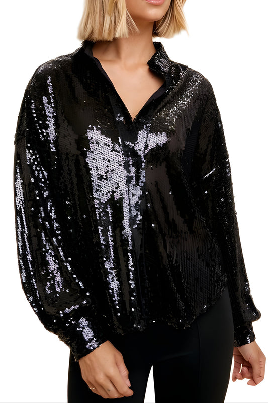 Long Sleeve Button-Down Sequin Blouse With Shirt Collar