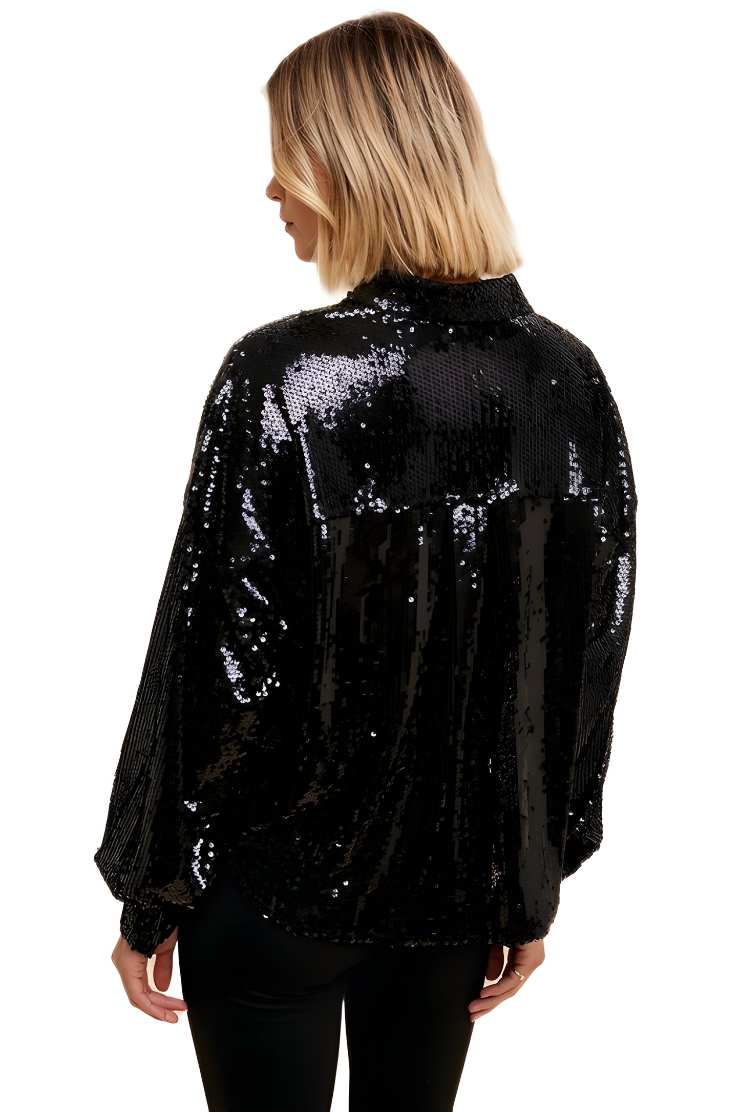 Long Sleeve Button-Down Sequin Blouse With Shirt Collar