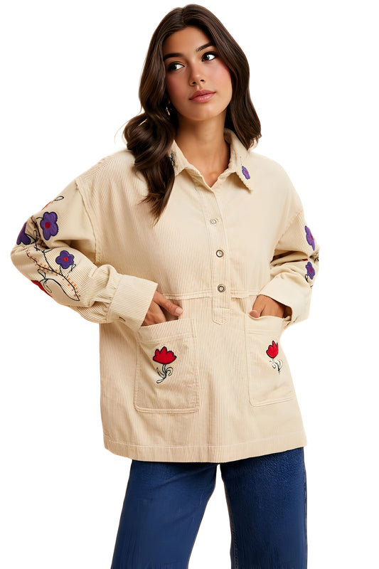 Embroidered Floral Corduroy Button-Up Jacket